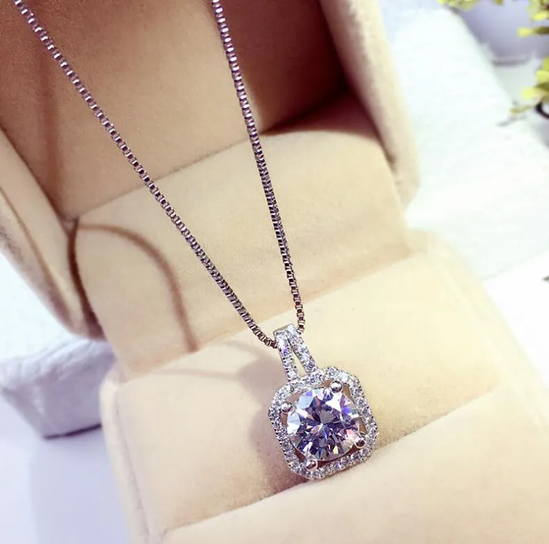 Fashion Simple Jewelry 925 Sterling Silver Round Cut 5A Cubic Zirconia CZ Party clavicle Chain Diamond Women Cute Necklace Pendant Gift