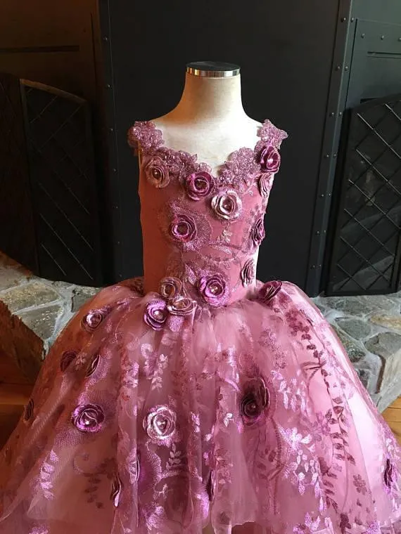 High Low Pink Flower Girl Dresses For Weddings 3D Floal Appliques Little Girls Pageant Dress Tulle First Communion Skirt