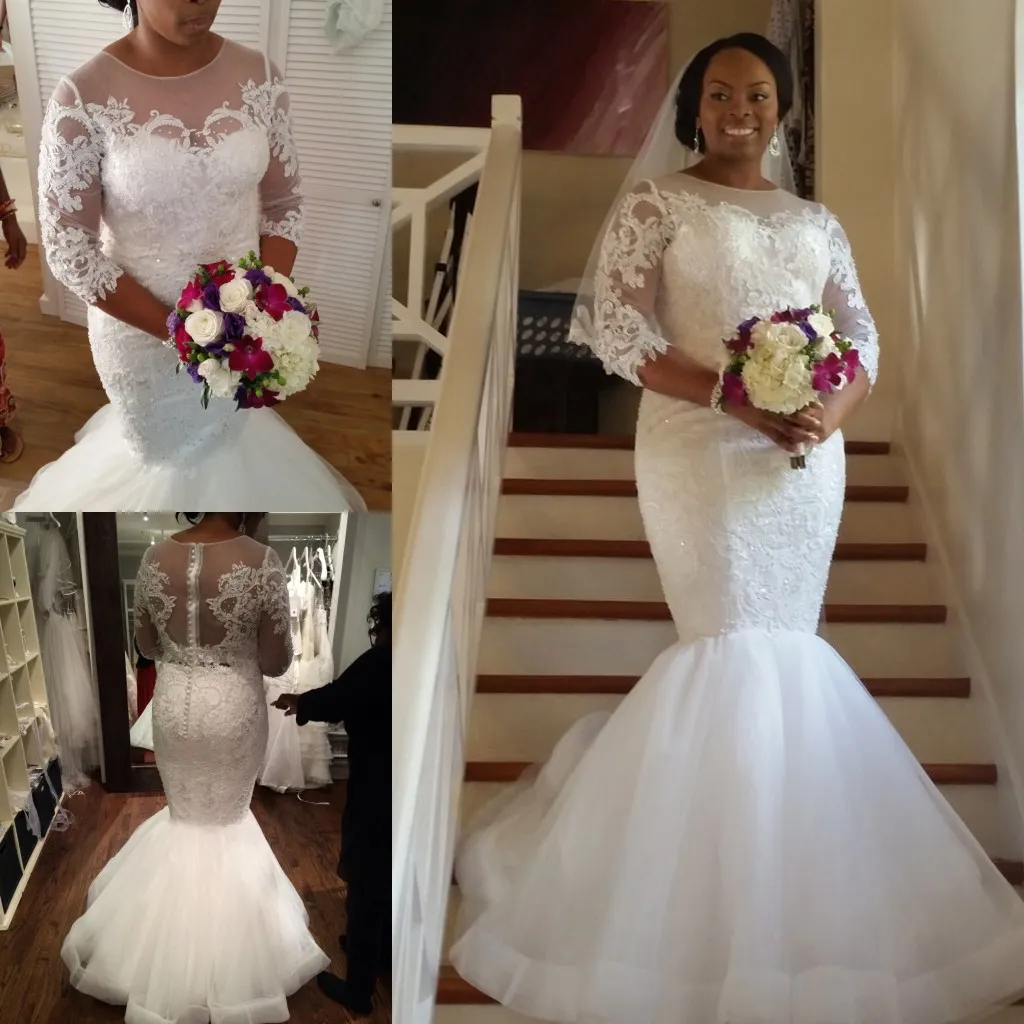 Plus Size Nigerian African Black Girls Mermaid Wedding Dresses Sheer Neck Lace Applique Sweep Train Bridal Gowns Tiered Tulle Custom
