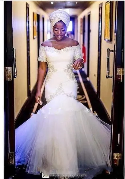 African Nigerian White Mermaid Prom Dresses Off Shoulder Short Sleeves Lace Applique Tiered Tulle Prom Evening Gowns Formal Dress