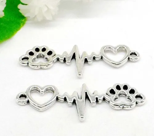 Vintage Silver Paw Imprimer coeur coeur électrocardiogramme Connecteurs de symboles pour bracelet Charms Bijoux Faire 34x12mm267c