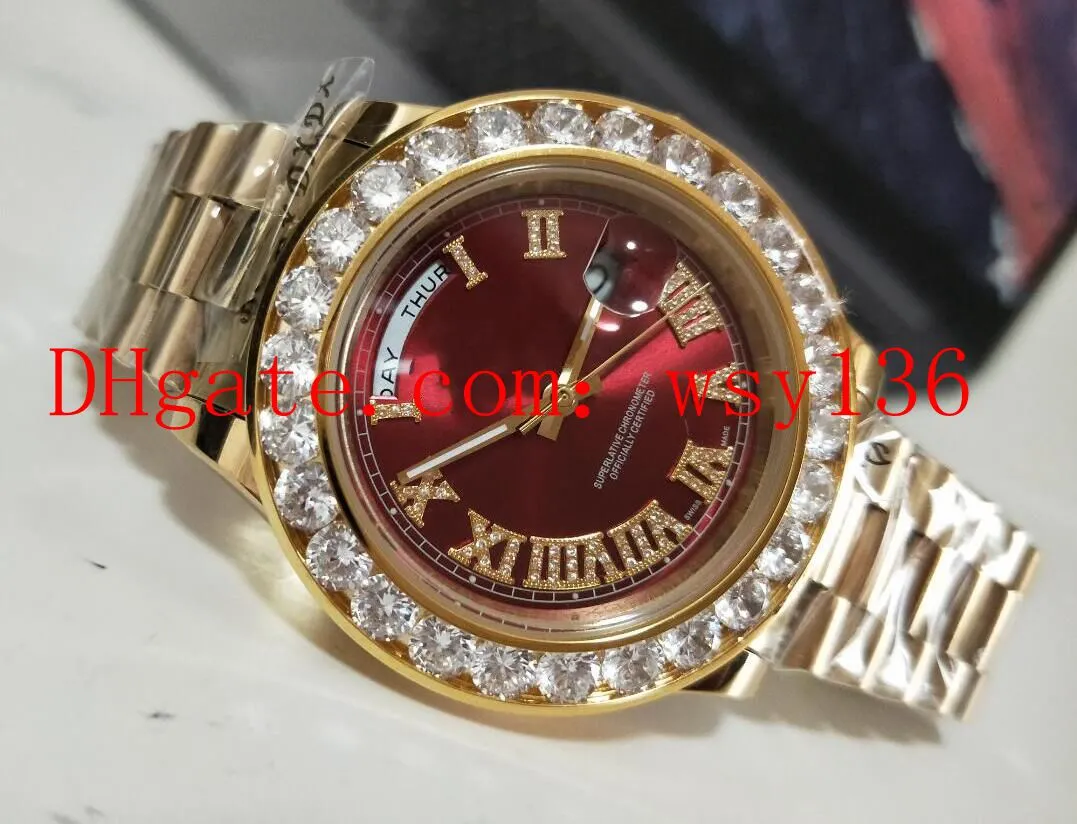 Luxuriöse Herren-Armbanduhr mit rotem Zifferblatt, Day-Date II, 18 Karat Gelbgold, 41 mm, Präsident 228238, Diamant-Herren-Freizeituhren, 305 m