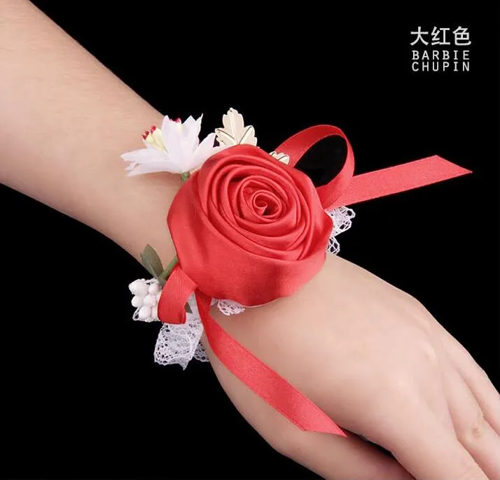 Cheap Bridesmaid Girl Wrist Corsage Rose Flower Organza Beads Flower Hand Flowers Wrist Corsages Wedding Supplies Wholesale Bridal Flowers