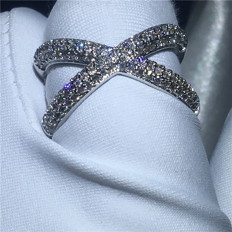 Vecalon Kreuz X Ring Silber Farbe Pave Fassung Zirkon Cz Kristall Verlobung Ehering Ringe für Frauen Finger Jewelry254W