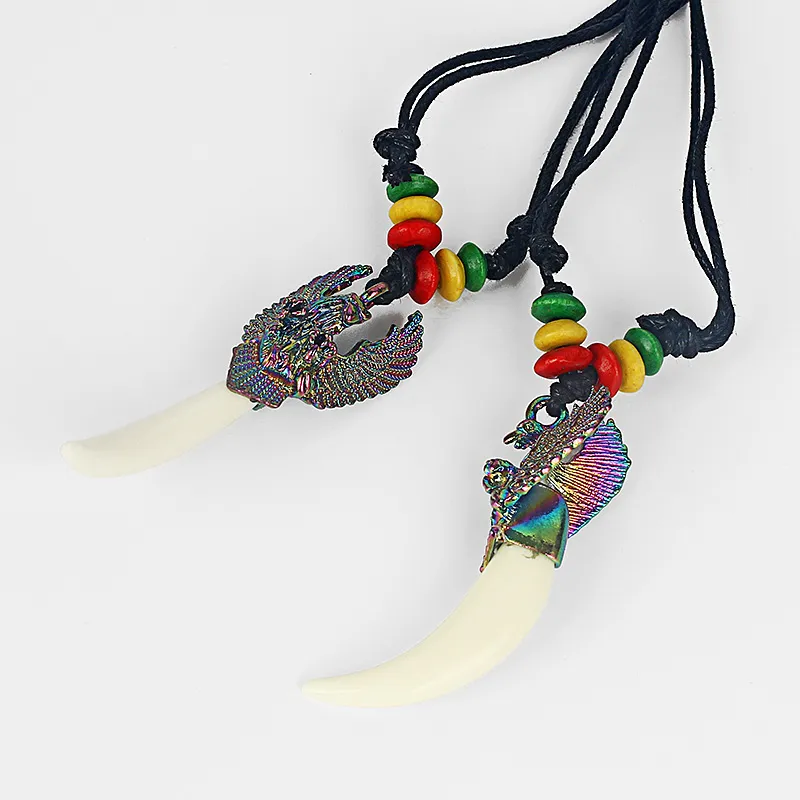 Fashion Wax Cotton Cord White ResinTooth Teeth Pendant Necklace With Eagle and Rasta Wood Beads Necklace271E