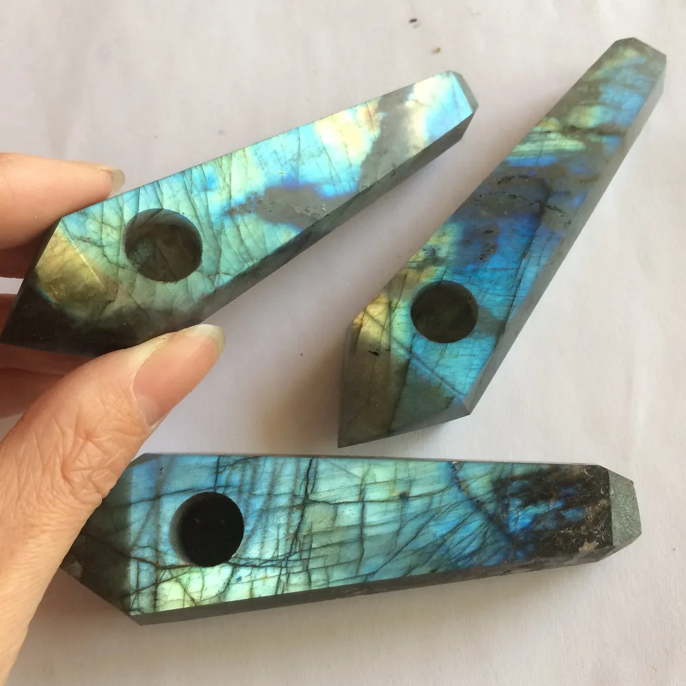 Natural Flashy Labradorite Quartz Smoking Pipe Crystal Quartz Tobacco Stone Wand Point Cigars Pipes With 2 Metal Filters Wholesale