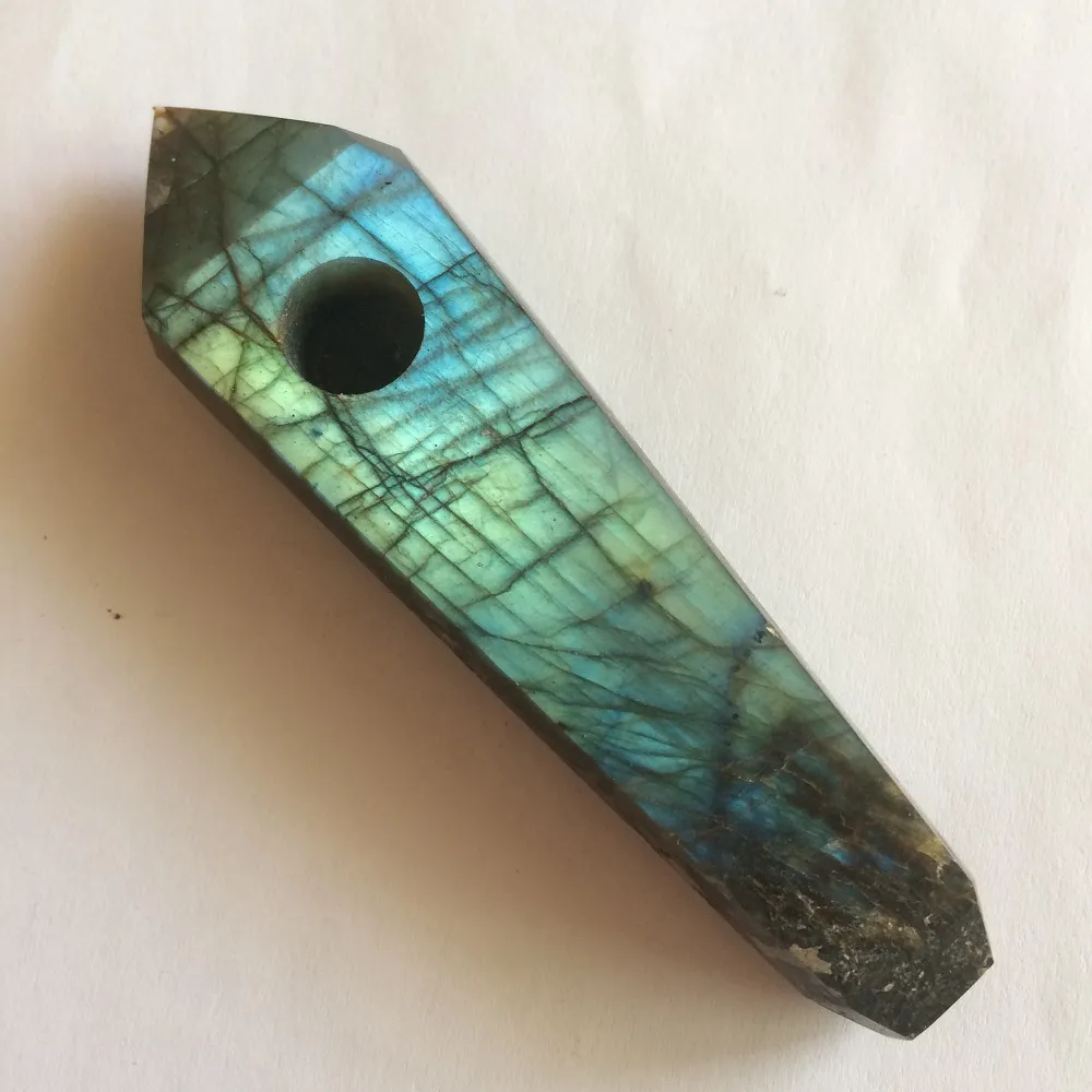 Natural Flashy Labradorite Quartz Smoking Pipe Crystal Quartz Tobacco Stone Wand Point Cigars Pipes With 2 Metal Filters Wholesale