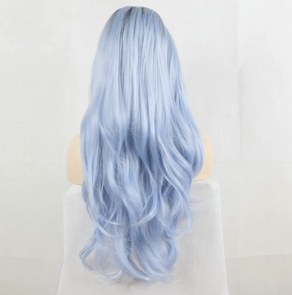 Fantasy Beauty Fantasy Beauty Dark Root Ombre Pastel Blue Heat Resistant Fiber Hair Long Nature Wave Light Blue Synthetic Lace Front Wigs