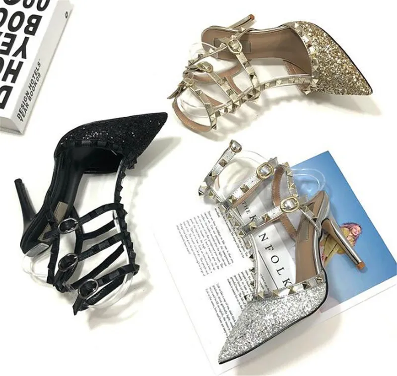 여성 브랜드 디자인 포인트 발가락 블링 스팽글 리벳 펌프 골드 시에 3 스트랩 하이힐 웨딩 클럽 신발