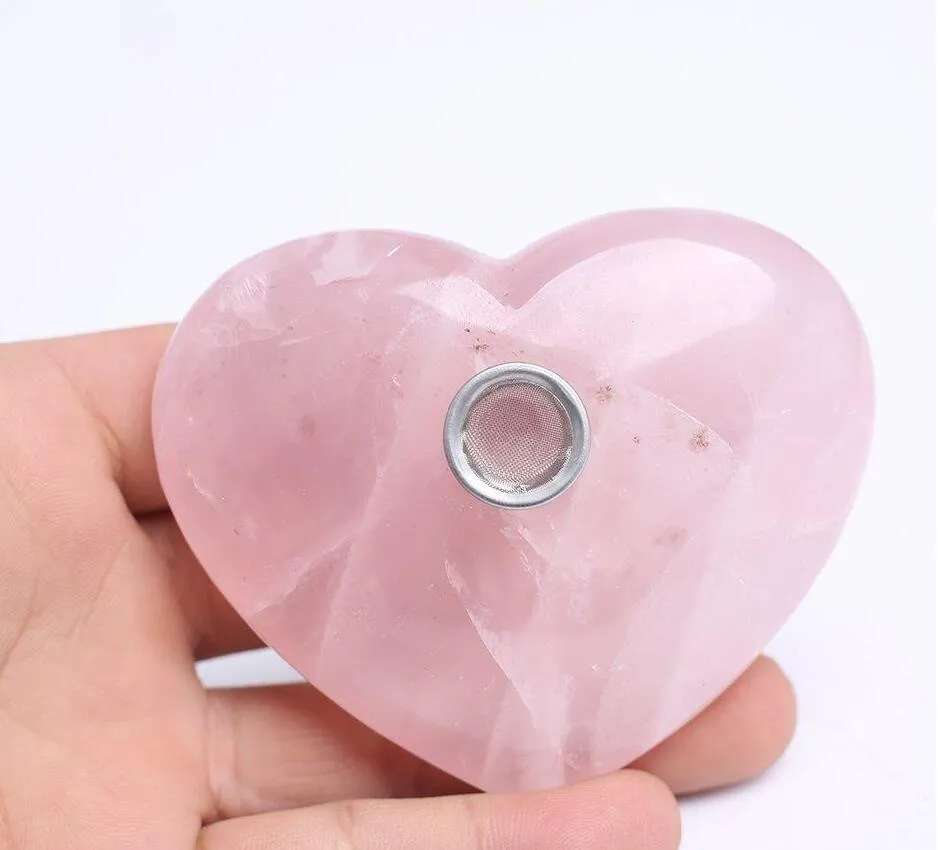wholesale natural rose crystal heart pipe pink quartz crystal smoking heart healing pipe as festival gifts 