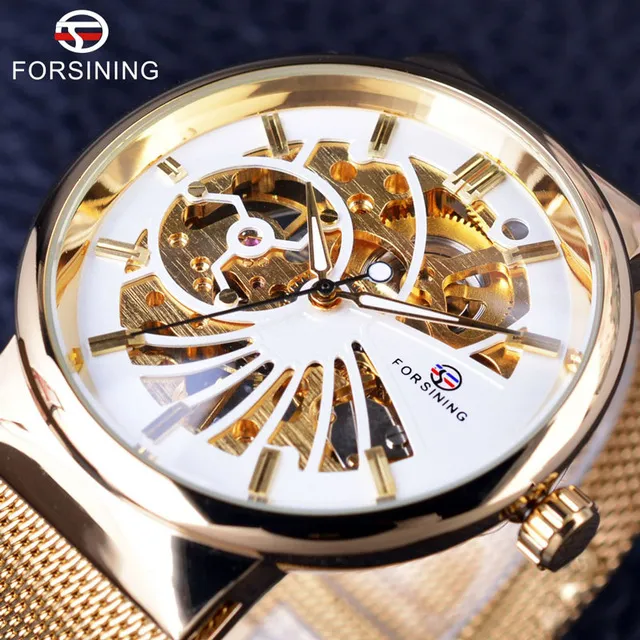 ForSining 2021 Fashion Casual Neutral Design Silver Steel Transparent Case Skeleton Watch Mens Watch Top Brand Luxury Mechanical W247W