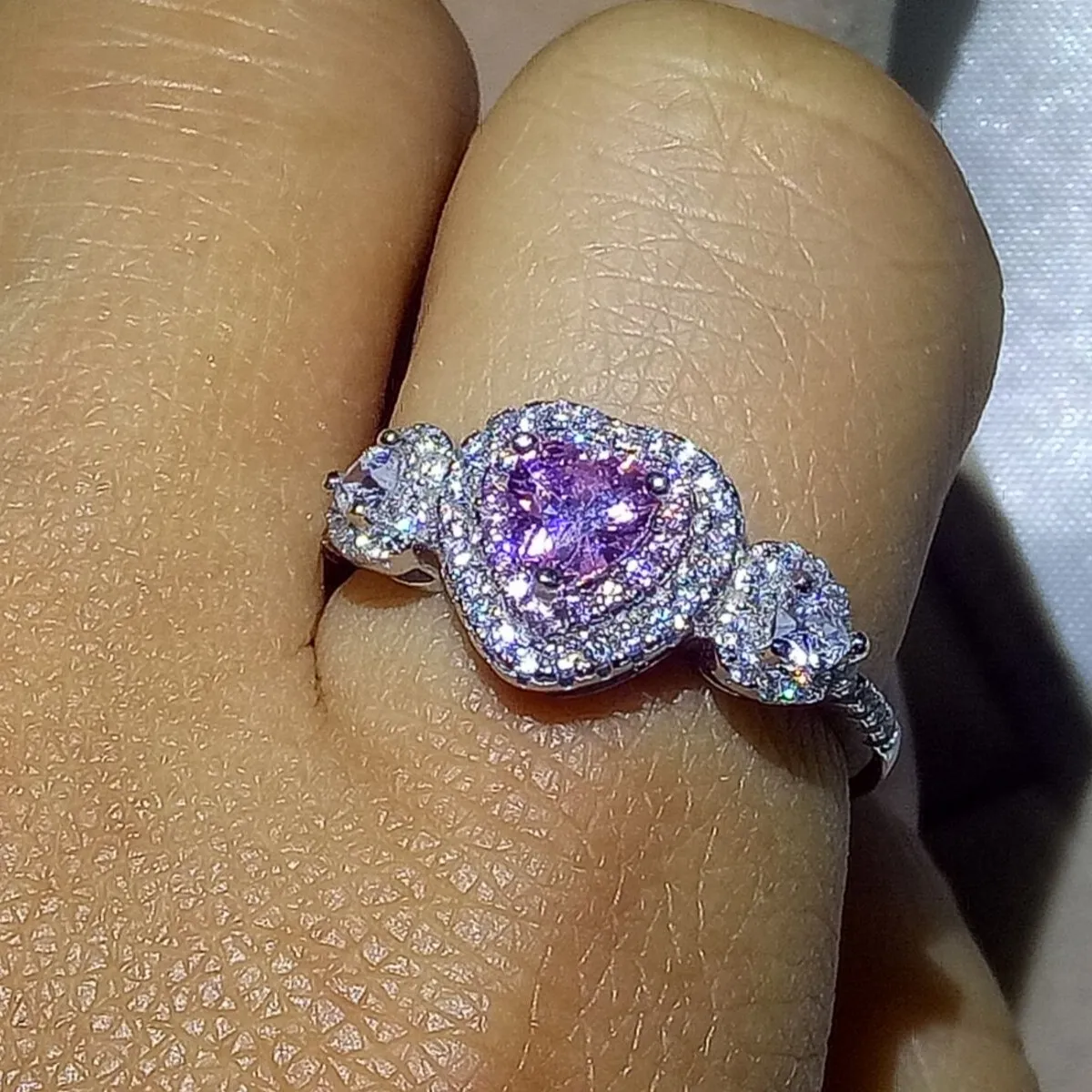 Anello di promessa a forma di cuore 100% Real Soild 925 gioielli in argento sterling Anelli di fidanzamento con diamanti rosa zaffiro CZ wo321L