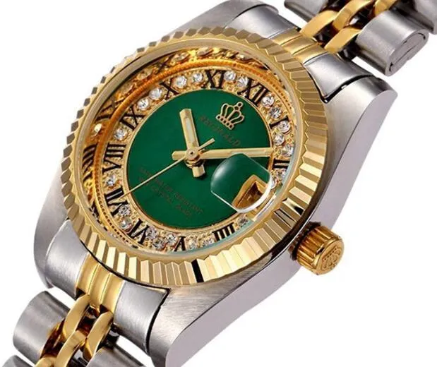 REGINALD Relógio de quartzo masculino Datejust 18k ouro amarelo moldura canelada pérola diamante mostrador luminoso de aço inoxidável completo Clock241J