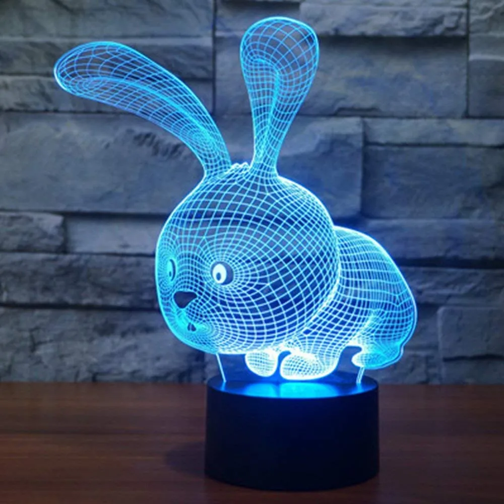 3D desenho animado Rabbit Night Light Touch Touch Desk Lâmpadas de Ilusão de Optical 7 Luzes de Cores Decoração Casa Decoração de Xmas Presente 342y