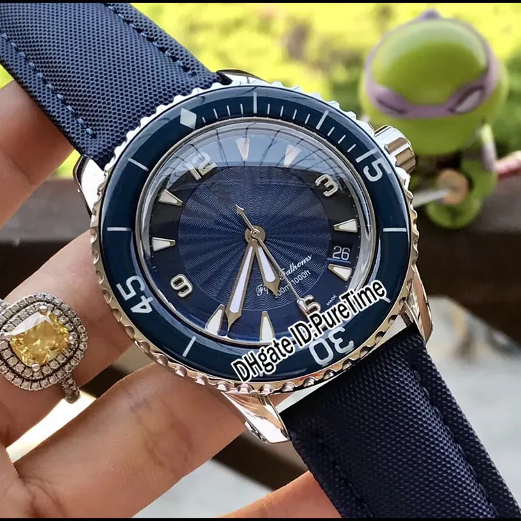 Novos cinquenta braças 50 braças 5015D-1140-52B caixa de aço mostrador azul Miyota 8215 relógio automático masculino data relógios pulseira de nylon azul B5219g