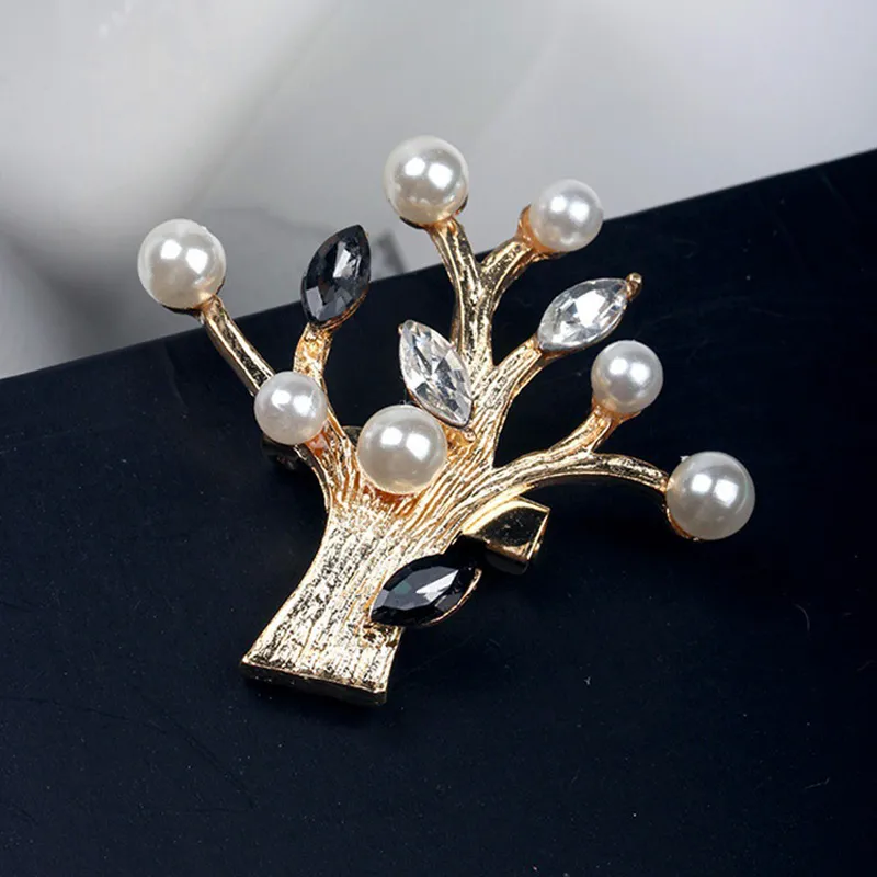 Broches de árbol grande dorados para mujer, accesorios de perlas, plantas de cristal, alfileres esmaltados, broche de solapa con diamantes de imitación, joyería