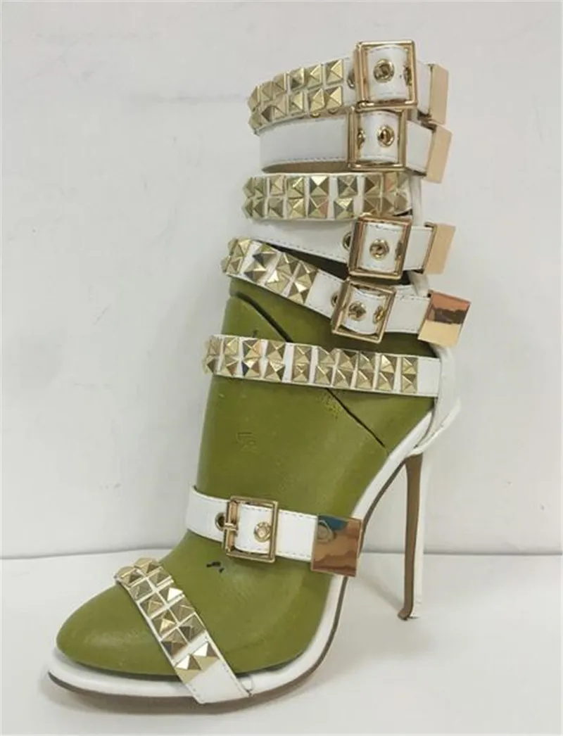 Open teen nieuwe mode dames riemen ontwerp klinknagel stiletto gesneden spike hoge hak buckle sandalen jurk schoenen 5