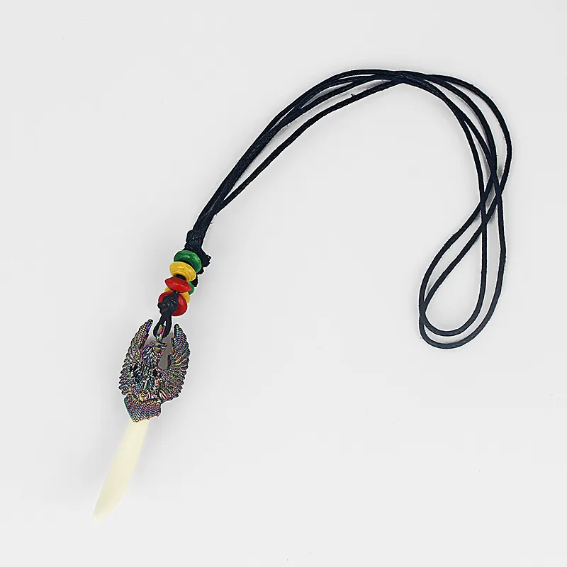 Fashion Wax Cotton Cord White ResinTooth Teeth Pendant Necklace With Eagle and Rasta Wood Beads Necklace271E