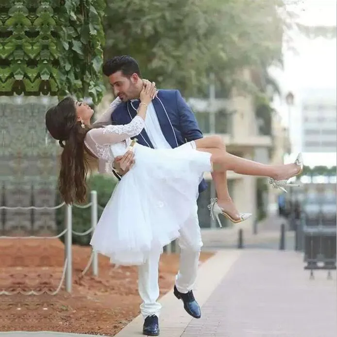 2020 Arabic Dubai Lace Short Beach Wedding Dresses with Detachable Skirt Bateau 3/4 Long Sleeve Mini Bridal Gowns Reception Custom Made
