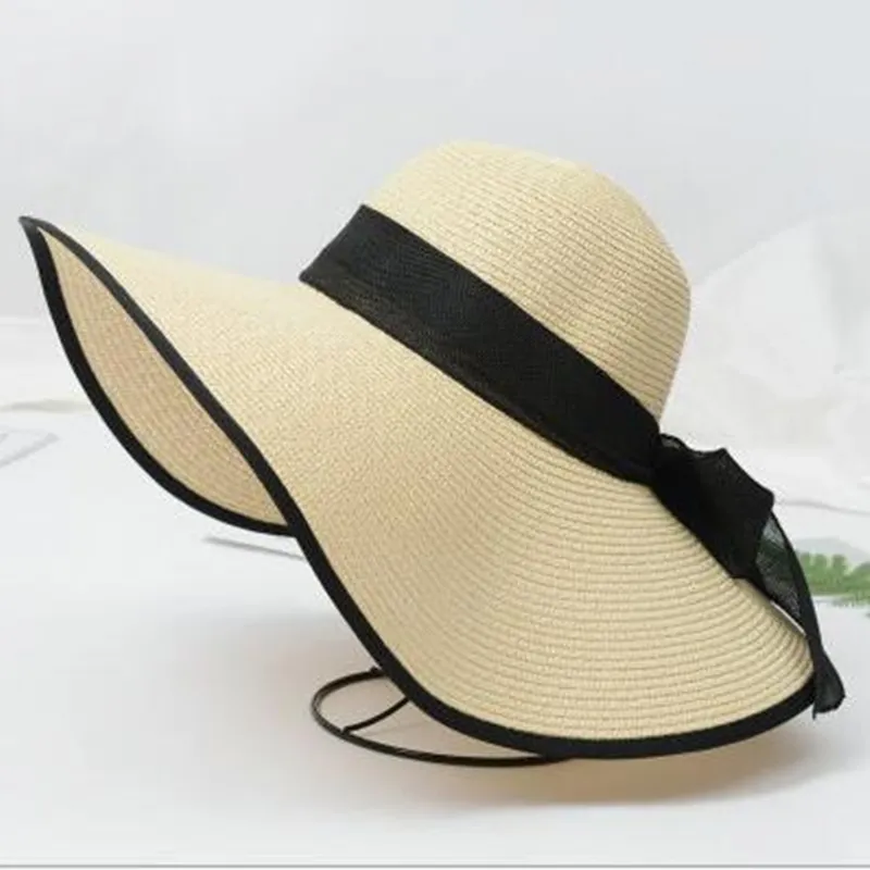Chapeau de paille décontracté à large bord pour femmes, casquette de soleil avec nœud, chapeaux de plage de vacances, grande visière souple, bon marché
