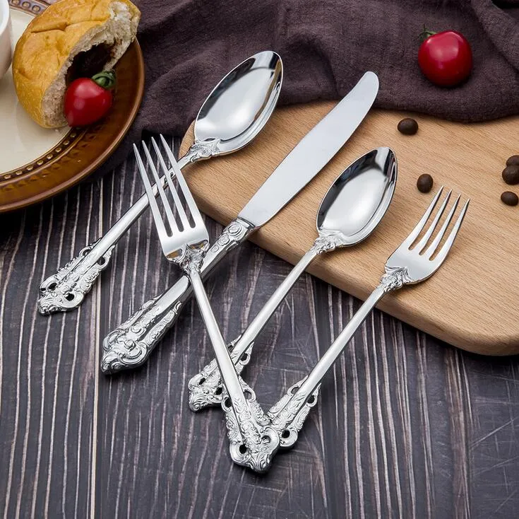 High-grade retro flatware set silver and gold stainless steel cutlery set knife fork spoon 5-piece dinnerware set tableware sets222r