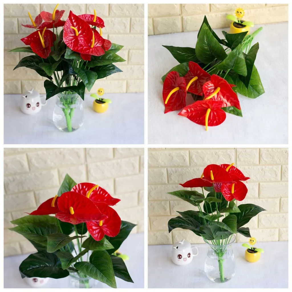 1 bouquet entier de 18 têtes de fleurs d'anthurium artificielles, plante en pot, fleur en soie, décoration de la maison, Shippin3956543