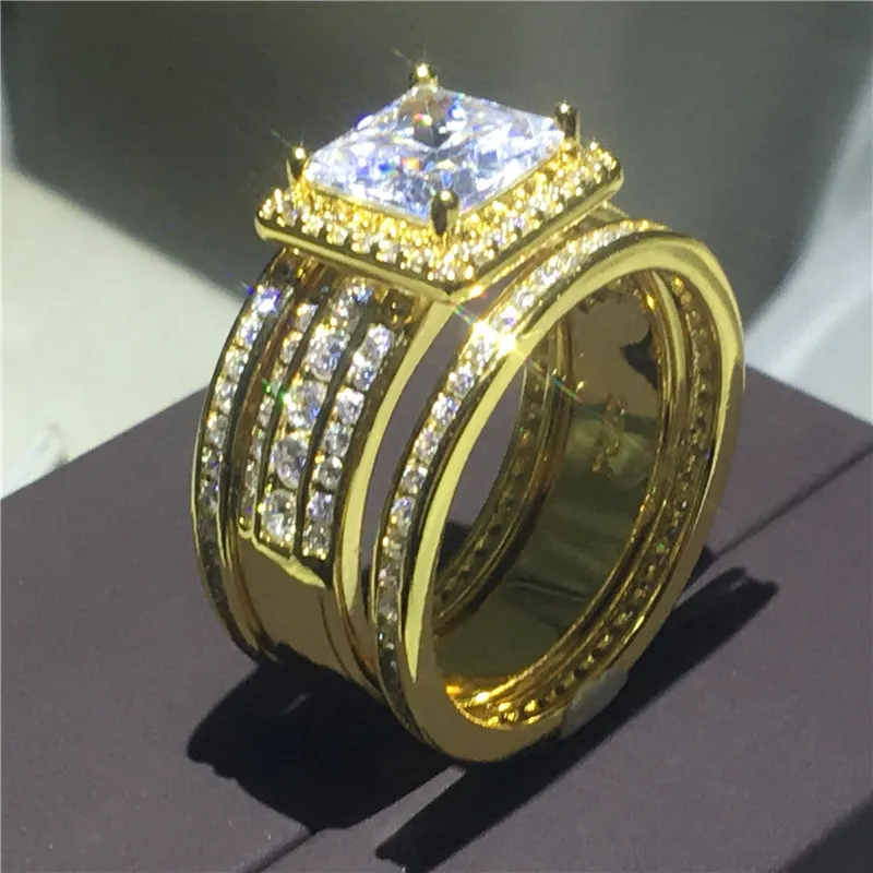 Vecalon prenses kesim 3-1 arada halka seti sarı altın dolu 925 gümüş 5a zirkon cz angajman düğün bandı kadınlar için erkekler hediye321c