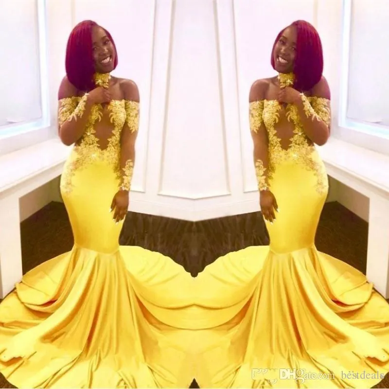 New Elegant Yellow Off the Shoulder Lace Prom Dresses Formal Long Sleeves Mermaid Appliques Satin Arabic Evening Gowns Formal Dresses