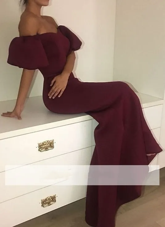 Dubai Arabic Off Shoulder Dark Red Mermaid Prom Dresses Off Shoulder Backless Satin Floor Length Formal Party Wear Evening Gowns Custom