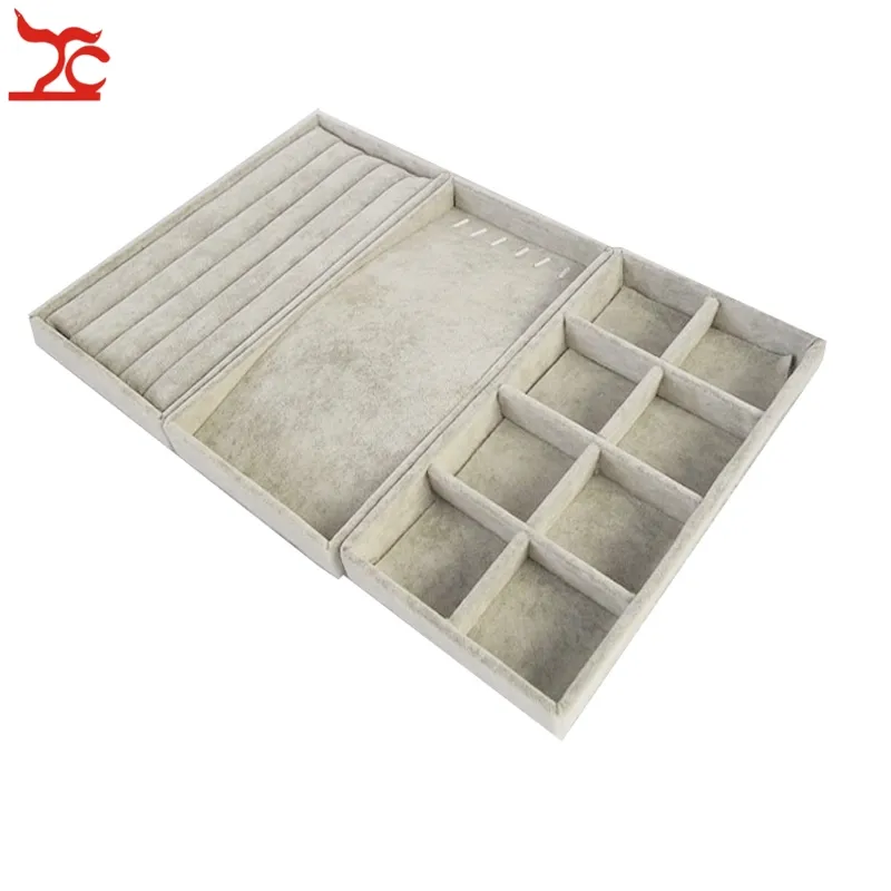 Popular Grey Velvet 11 22cm Jewelry Display Tray Kit Bead Ring Earring Necklace Storage Organizer Box Portable Jewelry Tray3064