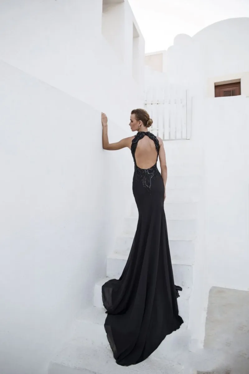Sexy Hollow Back Mermaid Prom Dresses Halter Neckline Chest Exposed Black Formal Dress Evening Chiffon Beaded Guest Gowns