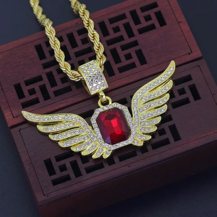 Discount Hip Hop Angel Wings With Big Red Stone Unique Pendant Designs Necklace Men Women Iced Out Druzy Jewelry321S