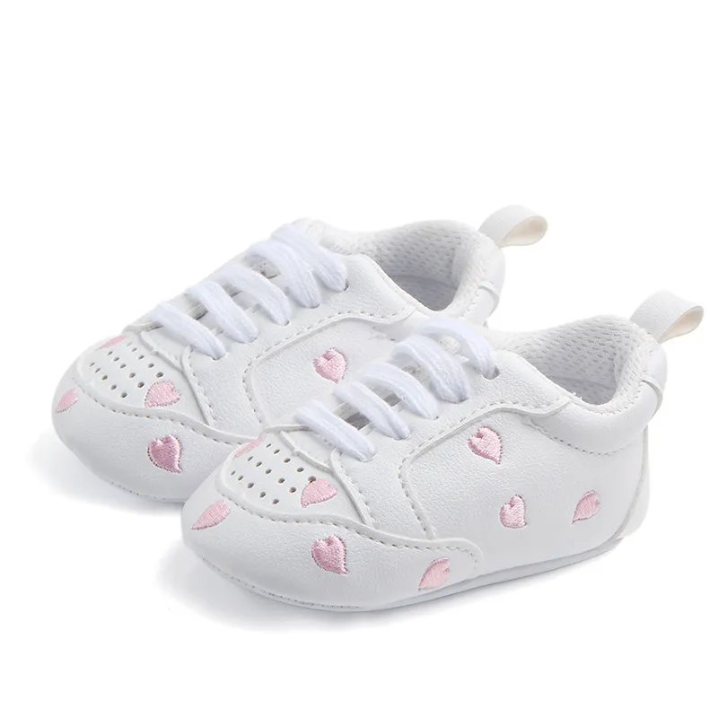 Zapatos de bebé para niños recién nacidos, niñas, corazón, patrón de estrellas, primeros pasos, niños pequeños, zapatillas de deporte de PU con cordones de 0 a 18 meses