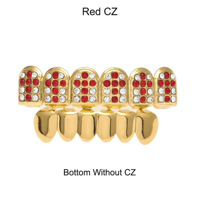Accessori per feste cosplay hiphop CZ Crystal Bio Rame Oro Denti Grillz Caps Top & Bottom con ciondolo croce nera rossa_voghion.com