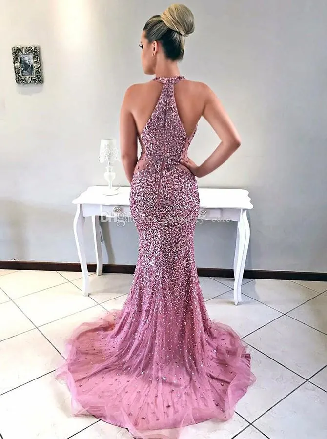Luxury Evening Dresses With Beaded And Crystal Mermaid Plunging Blush Pink Prom Gowns Back Zipper Custom Made Formal Party Gowns