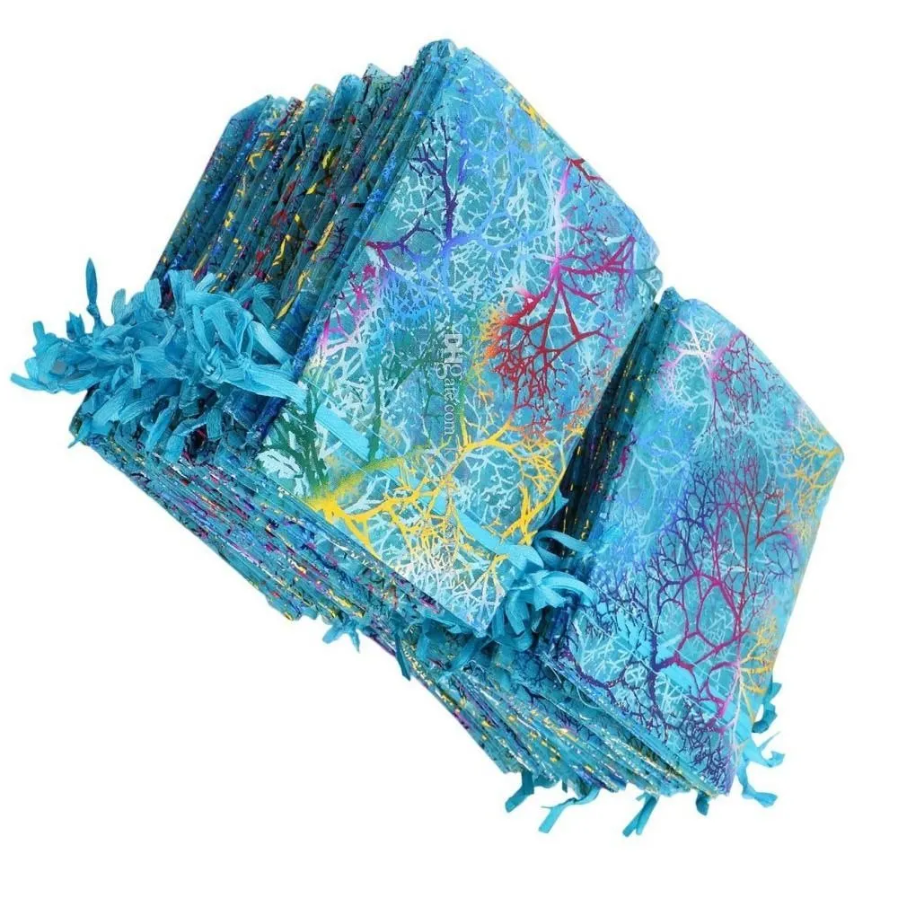 100 peças sacos de organza coral azul 10x15cm saco de presente de casamento bonito doces sacos de embalagem de jóias com cordão bolsa 315x