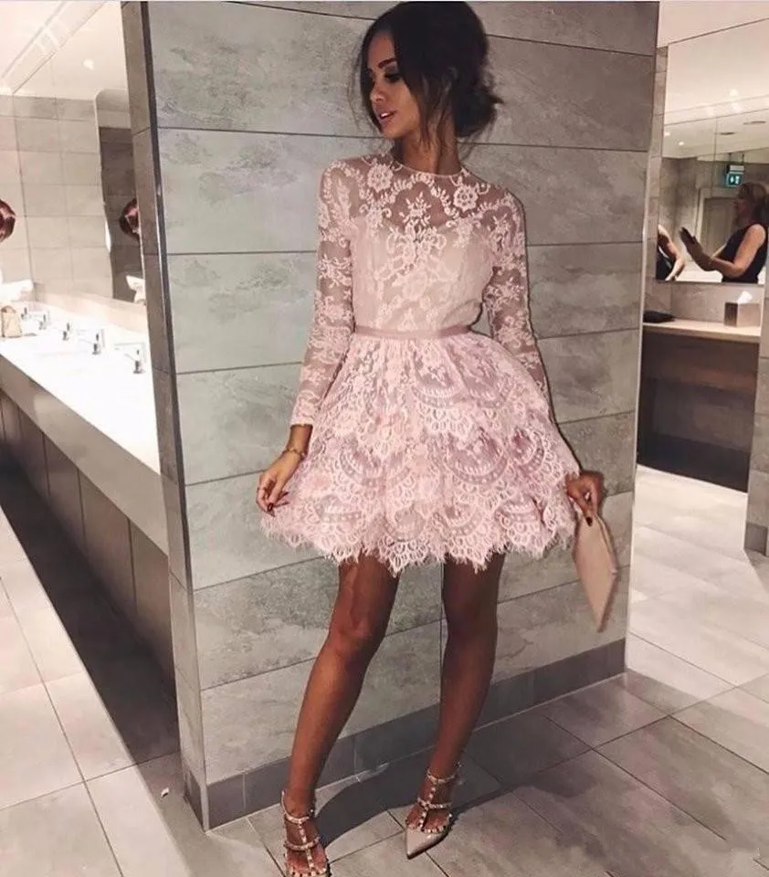 Blush Pink Short Homecoming Dresses Long Sleeve Jewel Neck Cheap Party Evening Mini Length Prom Dress Formal Gowns
