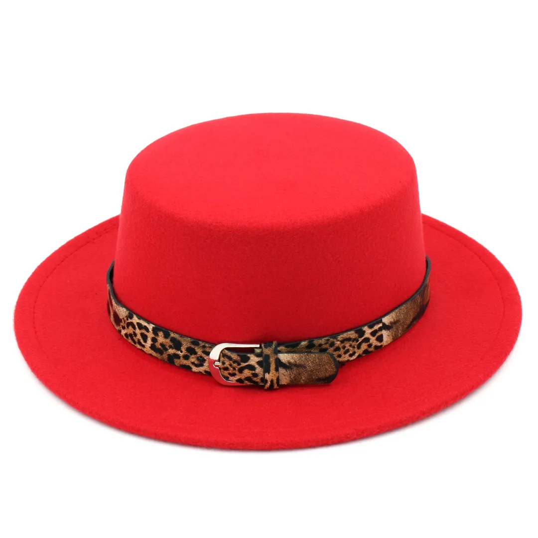 Fashion Women Wool Blend Bowler Cap Pork Pie Hat Jazz Hat Wide Brim Flat Top Boater Sailor Leopard Lether Belt1896560