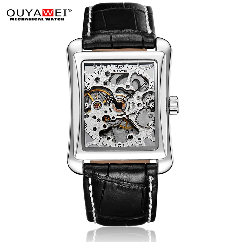 Ouyawei Mechanical Watch Men Brand Wristwatch Leather Strap Self Wind Gold Skeleton Watch for Case Rectangle Sport Montre Homme2139