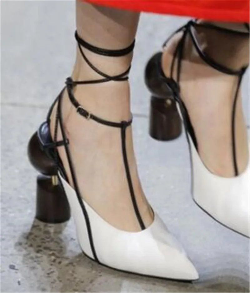 New Design Women Fashion Suede Leather Ball Screws Chunk Pumps Lace-up Strange Heel Strap Cross High Heels Dress Wedding Shoes