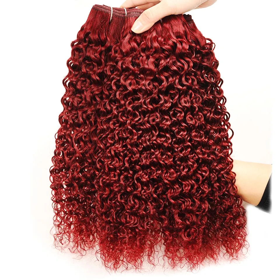 Kinky Curly #99J Brazilian Wine Red Human Hair Weaves 3 Bundle Deals with Lace Front Closure 4x4 Curly Virgin Burgundy Human Hair Bundles