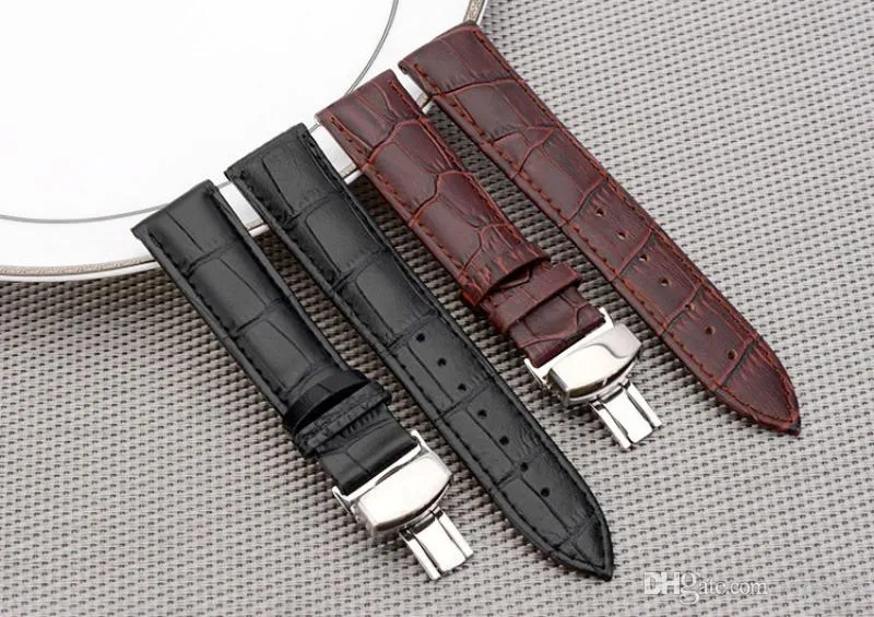 Steel clasp 16mm 18mm 20mm 22mm Watch Band Strap Push Button Hidden Butterfly Pattern Deployant Buckle Leather black Brown297P