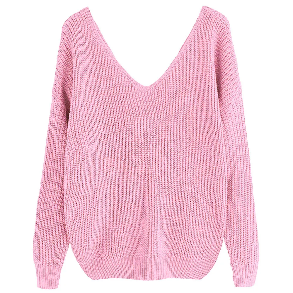 AZULINA Sweaters Women New V Neck Twisted Back Sweater Jumpers Long Sleeve Cotton Knitted Sweaters Pullover Pull Femme S18100902