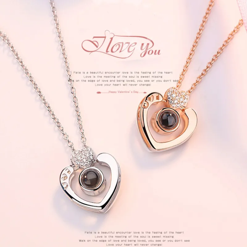 New Rose Gold Silver I love you 100 Lanugage Necklace Love Memory Projection Heart Necklace Birthday Gift Drop 231M