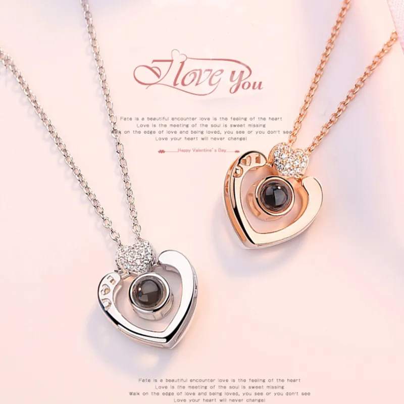 Nytt Rose Gold Silver I Love You 100 Lanugage Necklace Love Memory Projection Heart Necklace Birthday Present Drop 228o