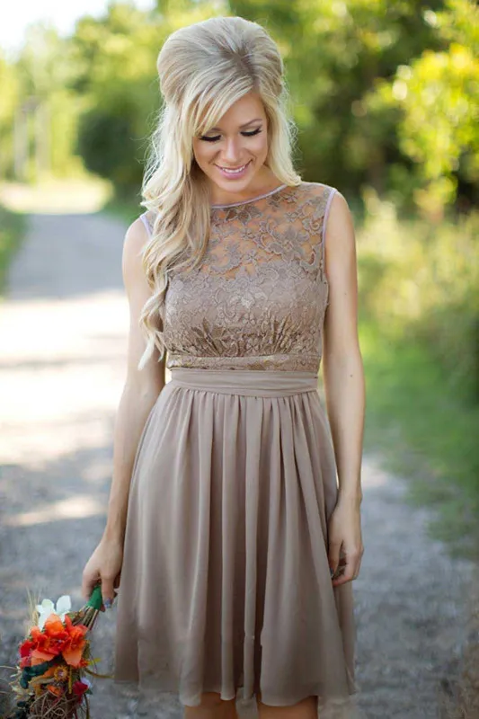 Brown Chiffon Short Country Bridesmaid Dresses Sheer Lace Top Knee Length A Line Short Wedding Guest Party Dresses