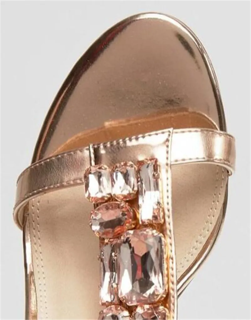 Женщины Новый дизайн открытый розовый золотой страза с розовым золотом коренастый ремешок для лодыжки хрустальный хрустальный каблук