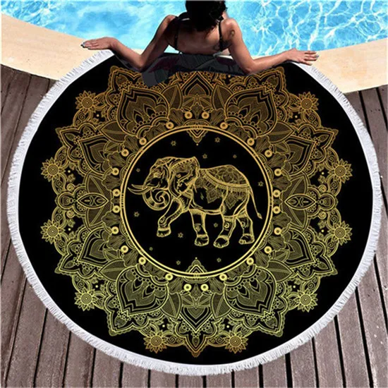 Tapisserie à pampilles bohème en forme d'éléphant, serviette de plage ronde noire de 150cm, grande pour adultes, couverture absorbante en microfibre, Mats281m