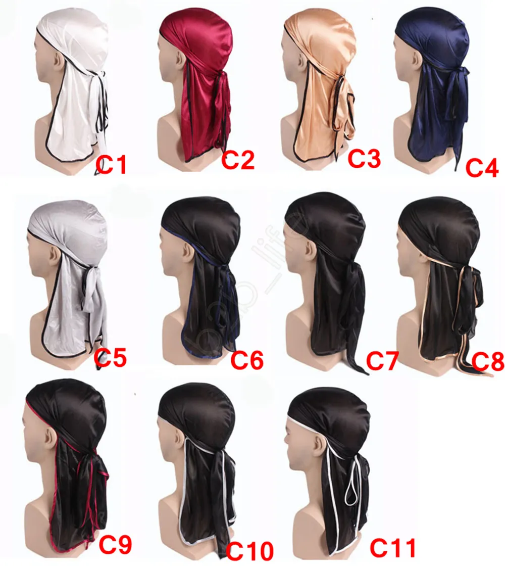 17 couleurs Mode Hommes Satin Durags Bandanna Turban Perruques Cap Hommes Soyeux Durag Chapeaux Bandeau Turban Pirate Chapeau Accessoires De Cheveux AAA1086