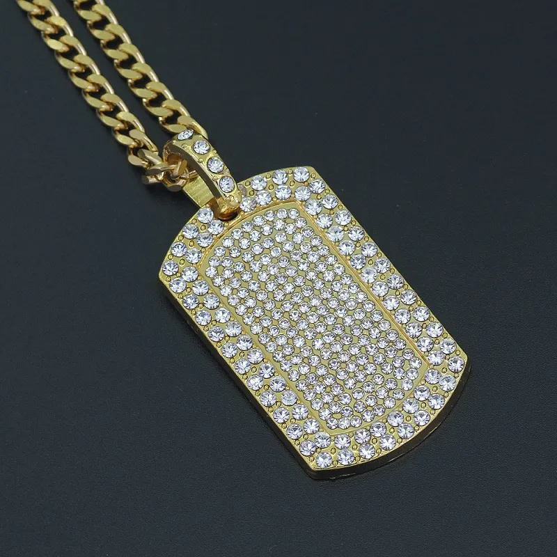 Collane in oro con ciondolo con targhetta cani ghiacciate con strass completo da uomo, collana Hip Hop, uomo182K